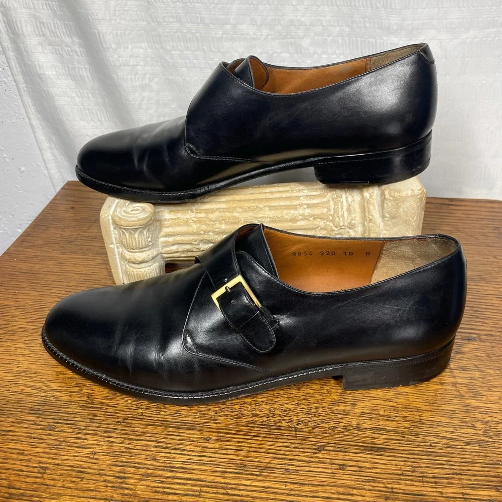 Salvatore Ferragamo Mens Black Leather Single Monk Strap Dress Shoes 10D Italy